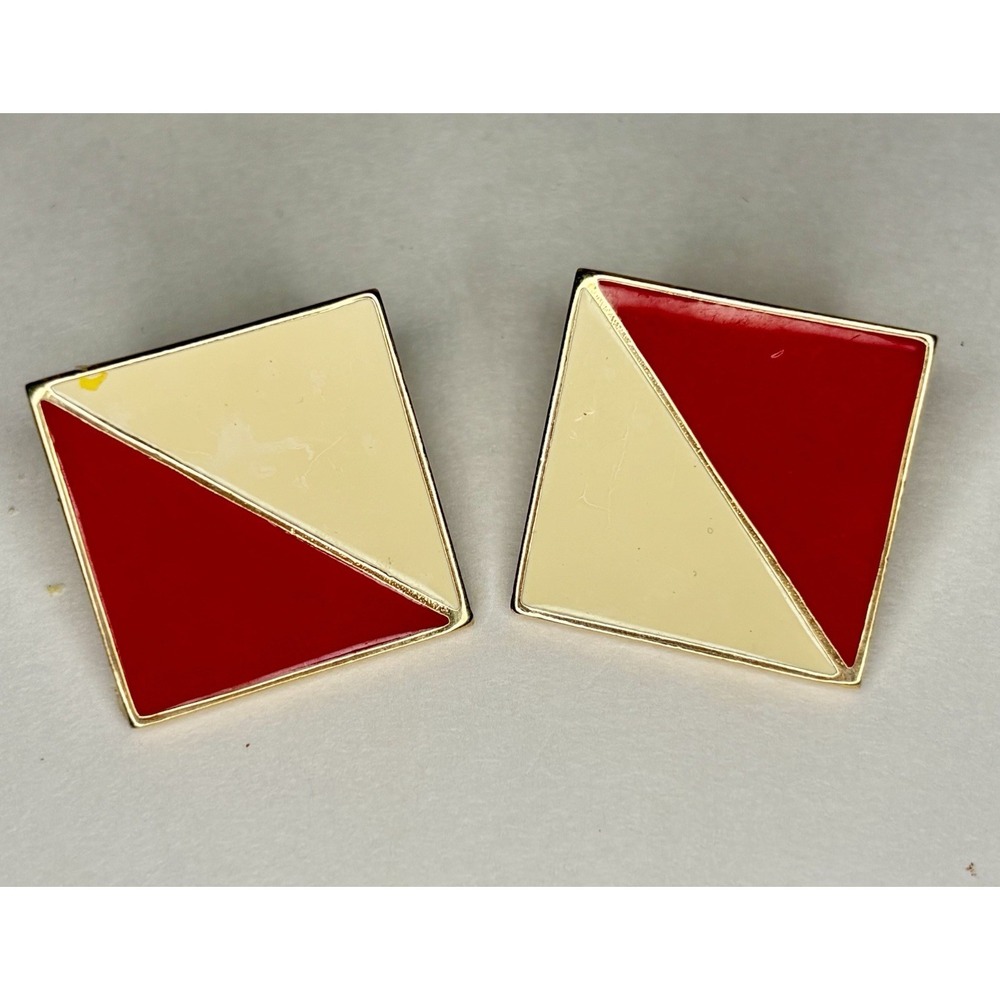 Vintage 1980s Red Cream Enamel Geometric Square Stud Earrings Gold Tone